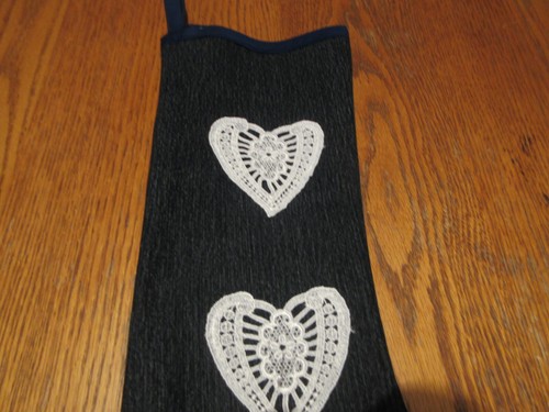 Large Handcrafted Denim Christmas Stocking w white lace heart appliques - Picture 2 of 4