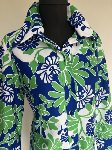 VTG 60's TRULY SOCIAL NORA ZANDRE Kaftan Tunic Dress Blue Green Floral M L GREAT - Picture 3 of 14