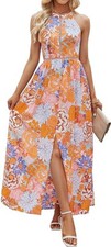 Zesica Women Summer Halter Neck Orange Floral Backless Split Slit Maxi Dress M/S