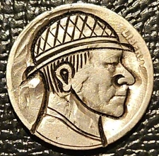 HAND CARVED HOBO NICKEL BUFFALO BISON ENGRAVED MAN IN FEDORA HAT
