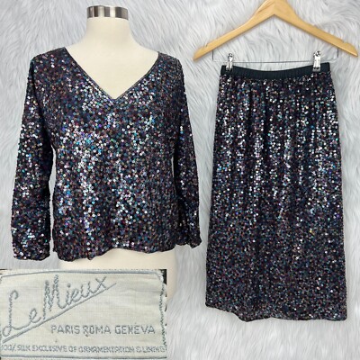 Vintage Womens Sequin Silk Party Outfit Sz M Le Mieux 2pc Skirt & Top Set