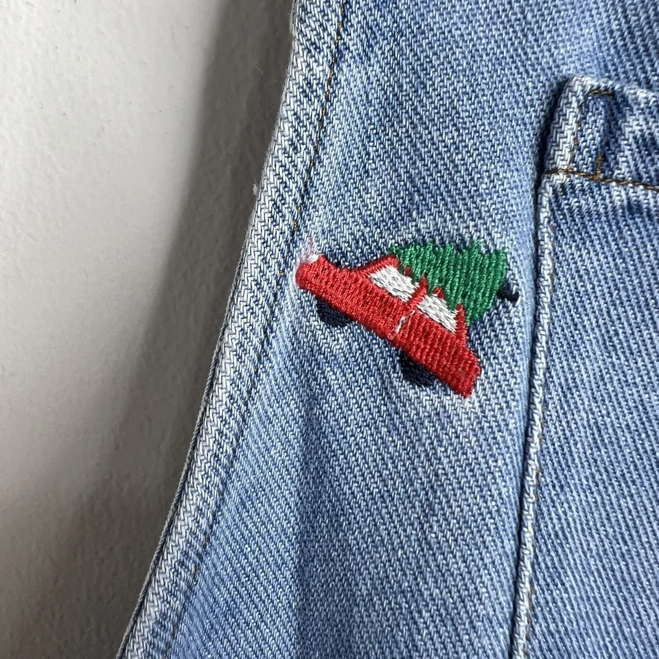 Mini Boden Red Festive Car Embroidered Denim Overalls Size 6-7Y Christmas Trees - Image 4 of 4