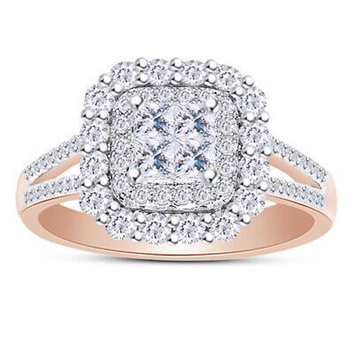 Simulated Diamond Double Halo Split Shank Engagement Ring in Solid Sterling Silver  