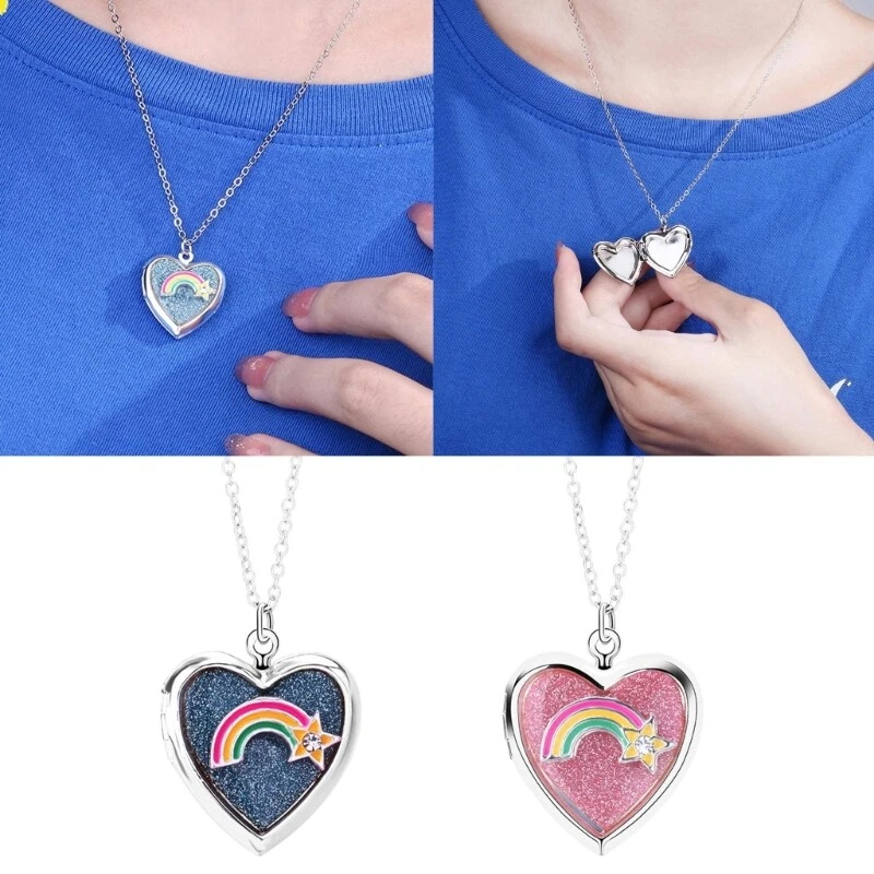 Heart Box Pendant Necklace Vintage Rainbow Jewelry Locket Necklace