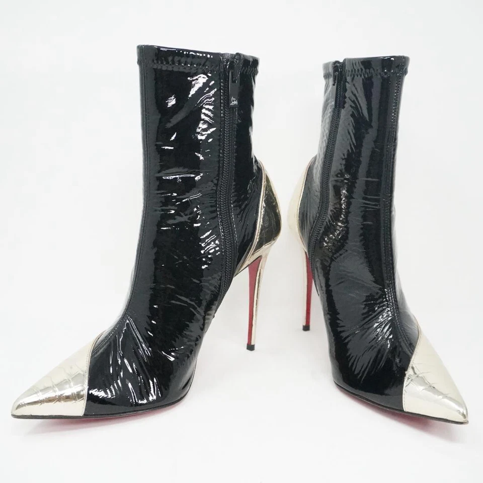 Christian Louboutin Botas de Tornozelo Biqueira Apontada Preta Prata Sola Vermelha Botinha IT 37.5 - Imagem 3 de 4