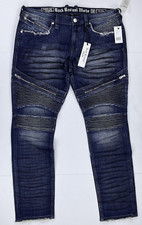 New Rock Revival Daviday Slim Fit Ribbed Zipper Distressed Moto Blue Jeans 40x32