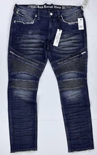 New Rock Revival Daviday Slim Fit Ribbed Zipper Distressed Moto Blue Jeans 40x32