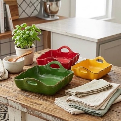 Set of 3 Nesting Ceramic Casserole Dishes Red Green Yellow Square Wavy Baker Set