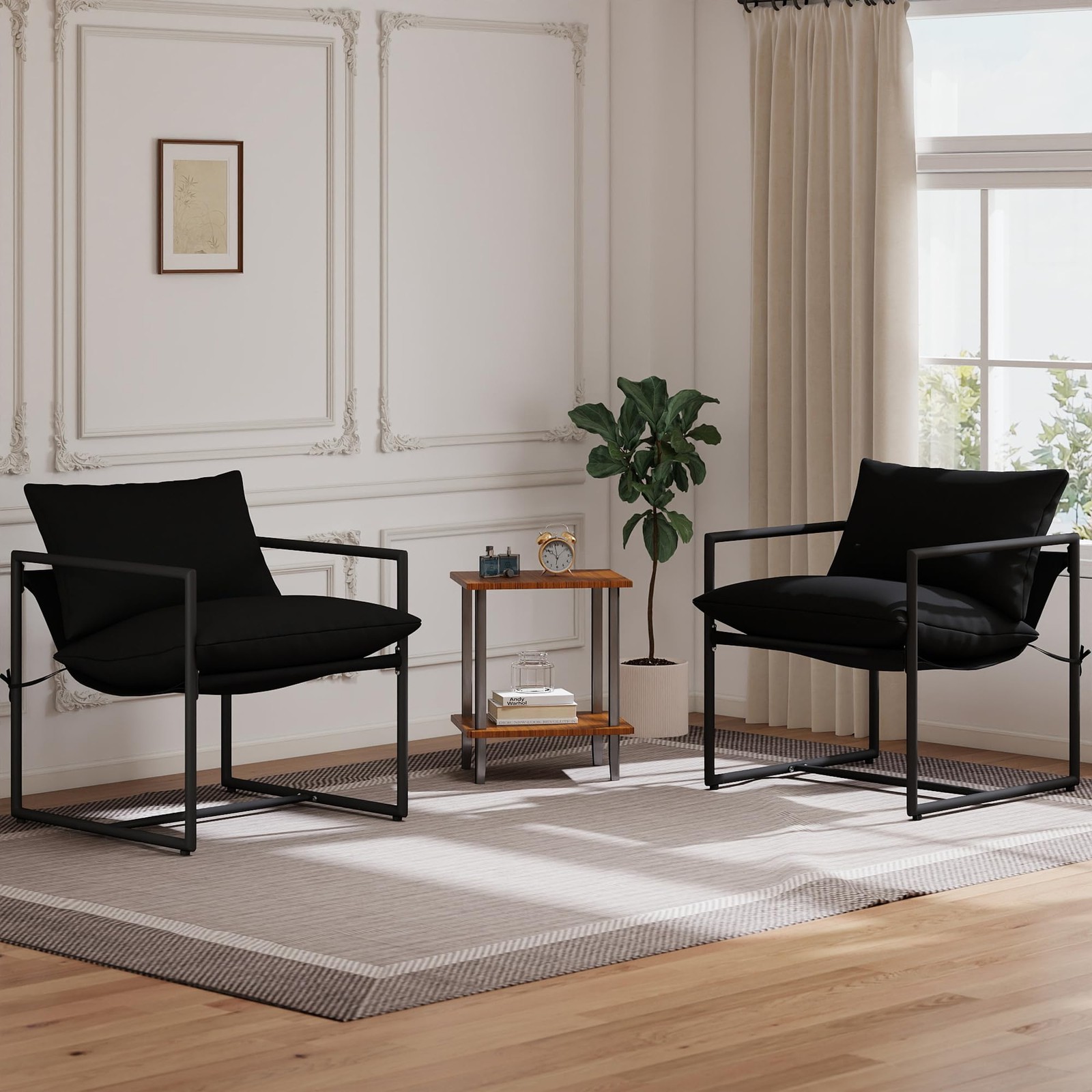 Set Of 2 With Armrest Upholstered Living Room Black
