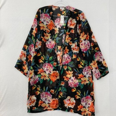 New Avenue size 14/16 Black Multi Floral Soft Chiffon Open Duster Kimono