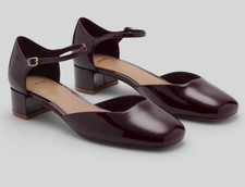 NEW MANGO MNG BURGUNDY PATENT ANKLE STRAP BLOCK HEELS  SHOES SZ 38 US 7.5