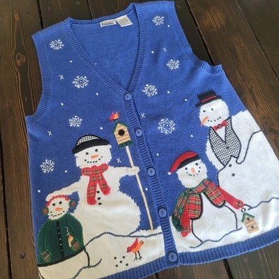 Vtg Christmas Sweater Vest XL Capacity Snowmen Cardinals Snow Birdhouse Winter