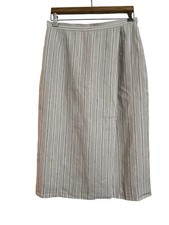 Vtg Talbots Linen Midi Beige Stripe Wrap Skirt Women's Size 14/ 30 Inch Waist