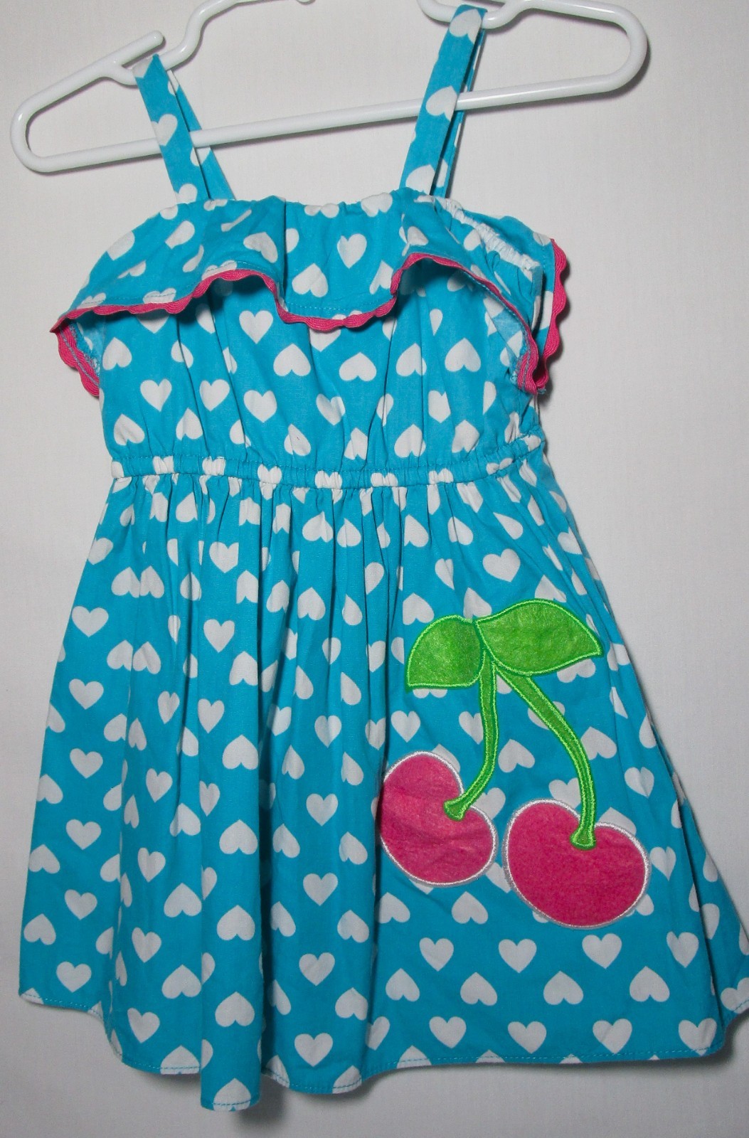 Youngland sundress aqua, white hearts, pink w/appliqued cherries size 2T-image