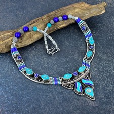 Collar Nepalí Turquesa, Lapislázuli Piedras Preciosas Hecho a Mano Plata de Ley 925