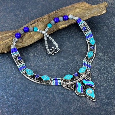 Turquoise, Lapis Lazuli Gemstone Handmade 925 Sterling Silver Nepali Necklace