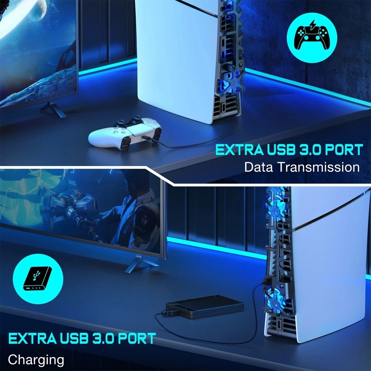 PS5 Slim Cooling Fan For PS5 Slim Disc/Digital Console Cooler Fan LED + USB 3.0