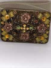 Vintage Boho Brass Filigree Enamel Floral Crystal Stone Belt Buckle Cottagecore