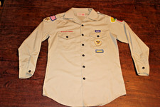 Boy Scouts of America BSA Men's Shirt Tan Small Sewn Patches Long Sleeve