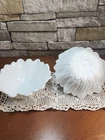 2 Vintage White Milk Glass Bowls Daisy Flower Petal Rim Beaded Center Detail