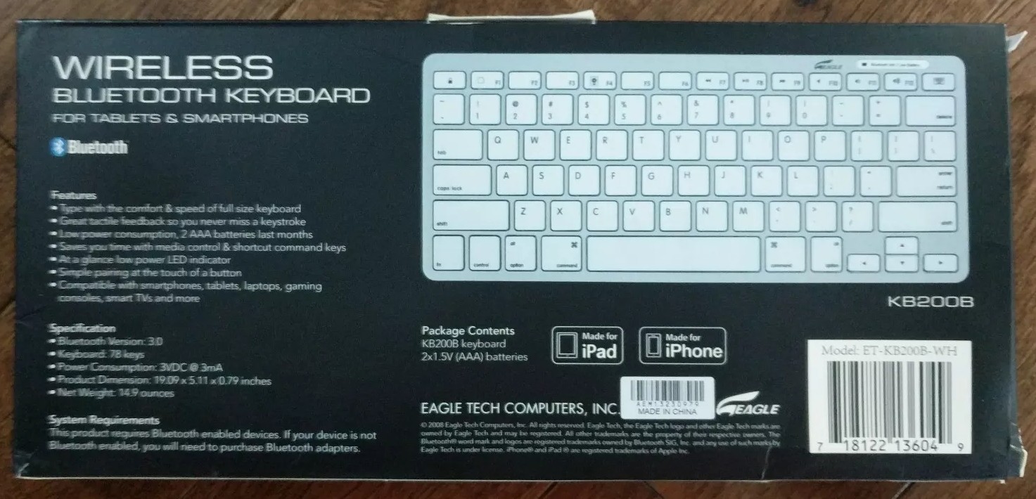 Portable Wireless Bluetooth Keyboard for Tablets & Smartphones ET-KB200B-WH