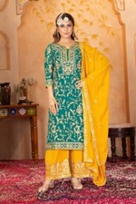 Designer Heavy Faux Georgette Teal Blue Palazzo Suit With Dupatta For Wedding