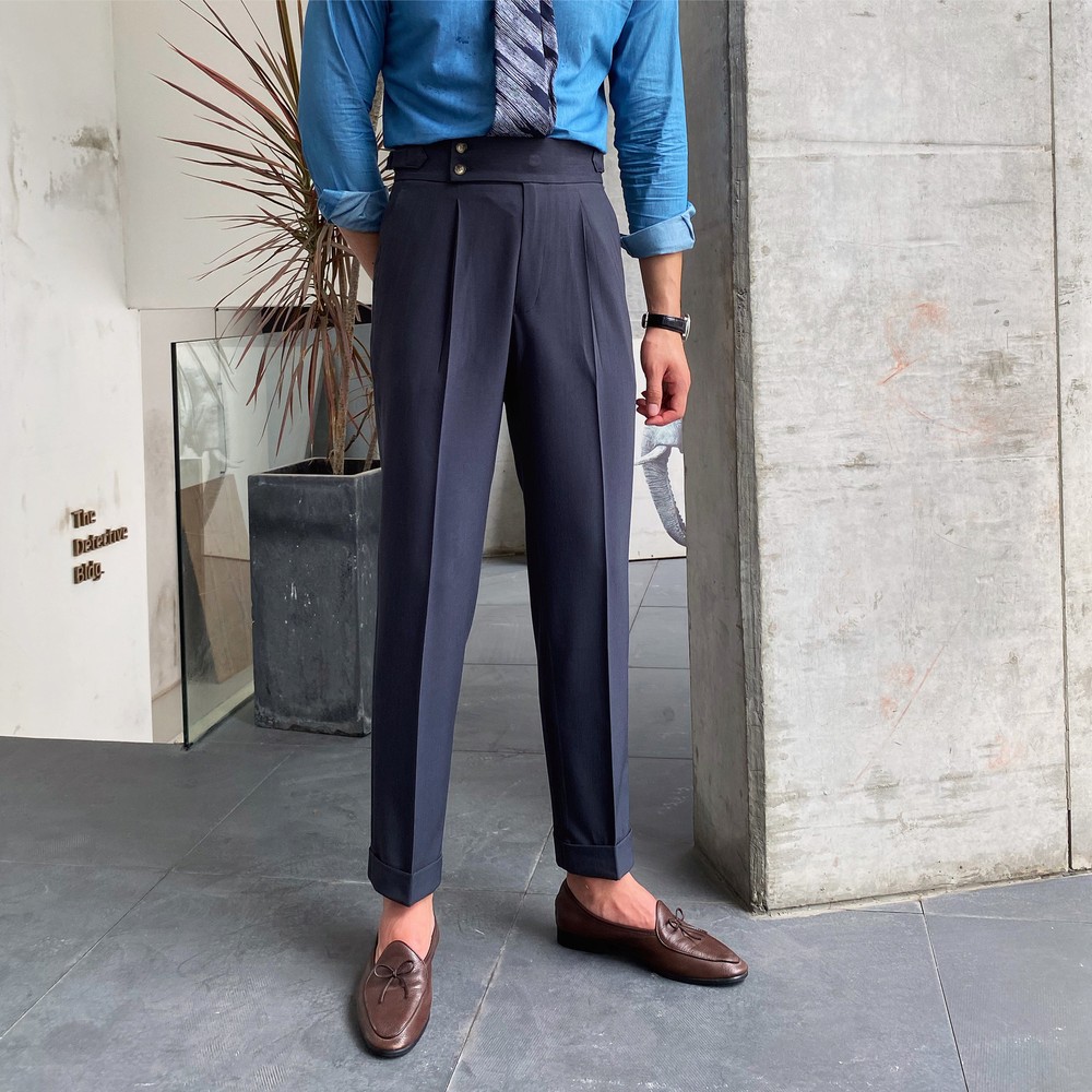 Vintage Style Linen Trousers Men's Gurkha Business High Waist Straight Pants