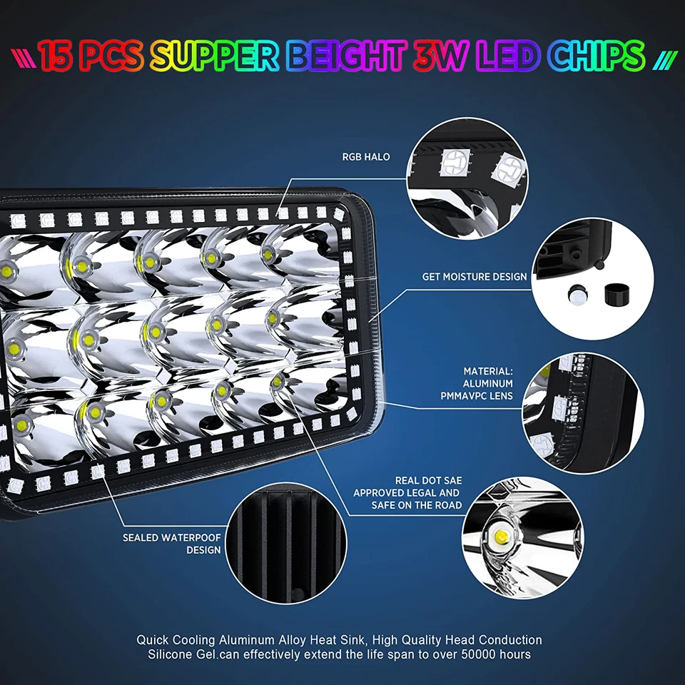 Juego de bombilla de faro rectangular con función halo LED RGB 4x6" cristalino Foto 3 de 4