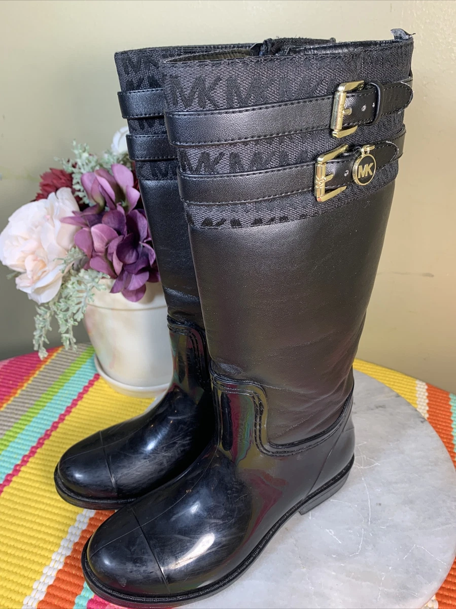 MICHAEL KORS DELLA GIRL'S BLACK SIDE ZIP KNEE HIGH RAIN BOOTS BIG KID EU 33  US 2