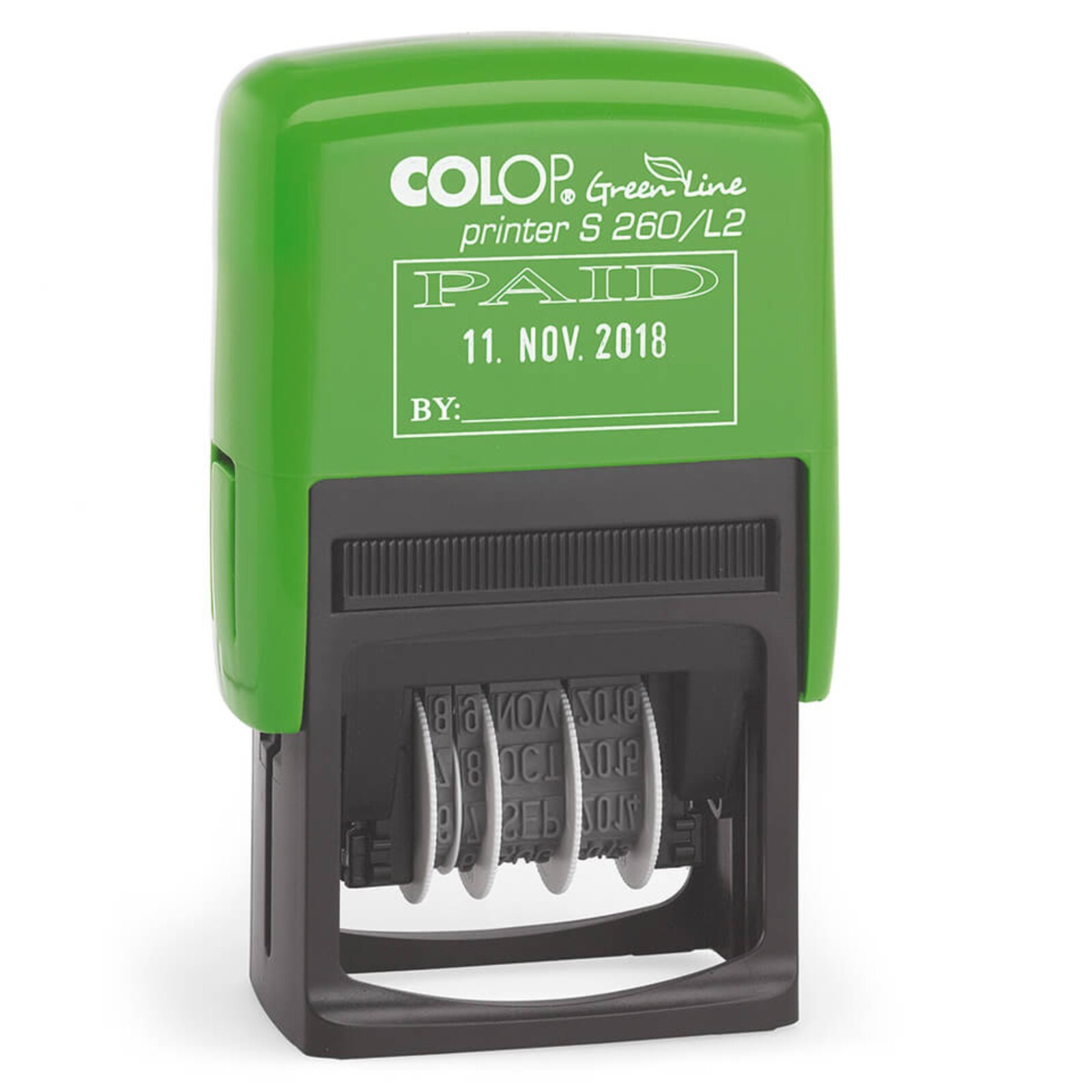 Colop S260/L2 Green Line Text Word Stamp PAID Date Red/Blue Self Inking