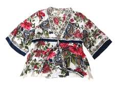 Karena P 100% Silk Pink Green Blue Orange Floral V-Neck 3/4 Sleeve Blouse PM