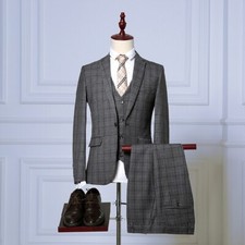 Men's Gray Plaid Vintage Tweed Check Retro Formal Prom Groom Tuxedo Wedding Suit