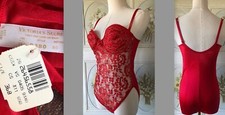 VTG NWT VICTORIA'S SECRET GOLD LABEL BRA TEDDY BRIGHT RED STRETCH LACE MESH 36B