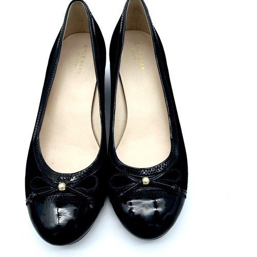 Cole Haan Elsie Black Suede Patent Leather Ballet Wedge Pump w/ Bow size 8 NWOB
