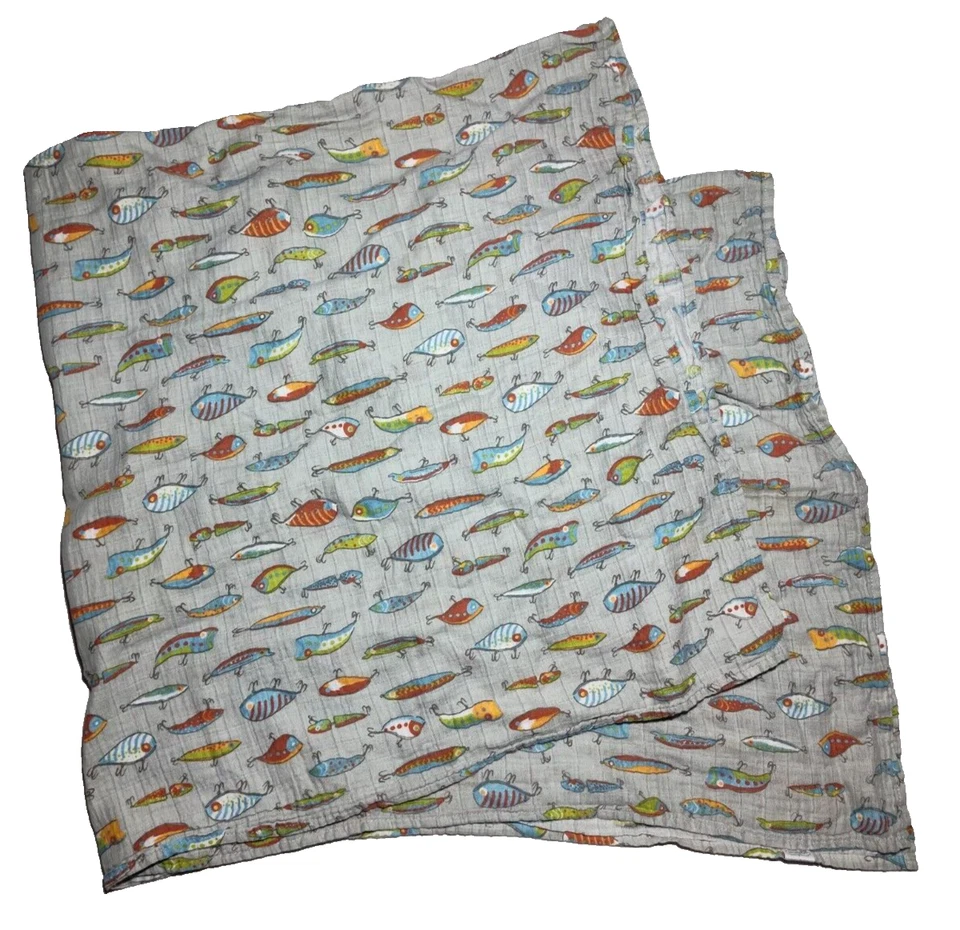 Mud Pie Fish Fishing Bait Gray Baby Swaddle Blanket Lovey Lightweight Cotton - Image 2 of 3