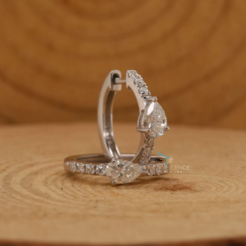 Lab Grown Pear & Round Cut Diamond 14K Gold Engagement Huggie Earrings For Her - Image 2 of 4