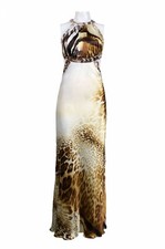 Hailey Cutaway Shoulder Open Back Satin Gown Size 14 Brown Animal Print NWT $229