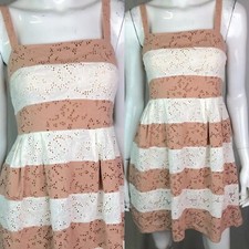 Ann Taylor LOFT 0 Tan White Stripe Embroidered Eyelet Lace Flare Pleated Dress