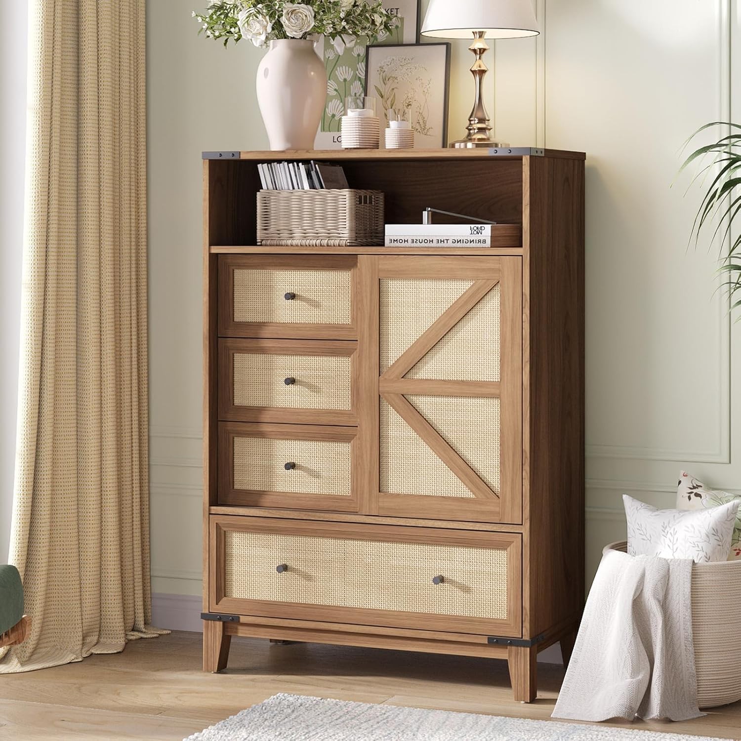 47-Inch Farmhouse Rattan Dresser with Sliding Barn Door for Bedroom Storage
