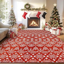 Washable 5x7 Christmas Area Rug with Red Snowflakes for Home Decor