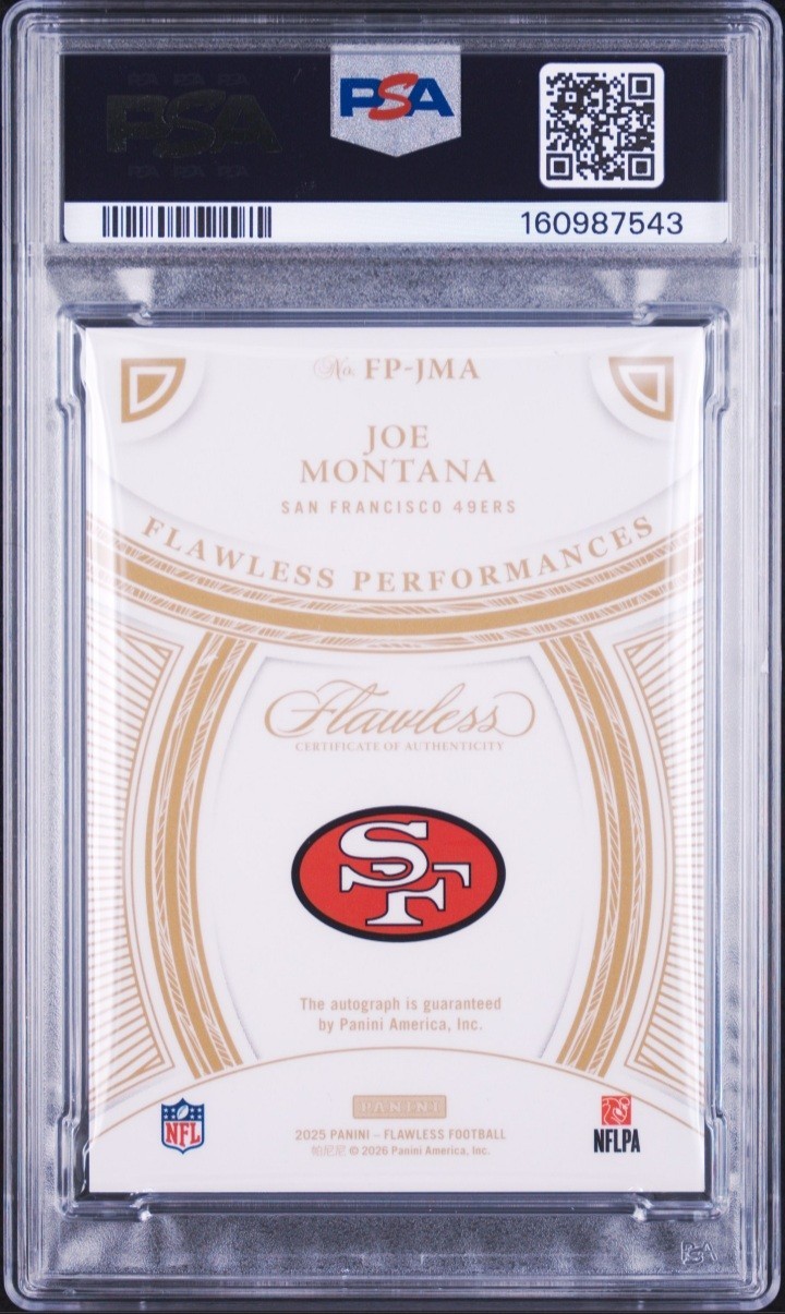JOE MONTANA AUTO 2025 Panini Flawless Performances Autographs Emerald 4/5 PSA 8 view 2