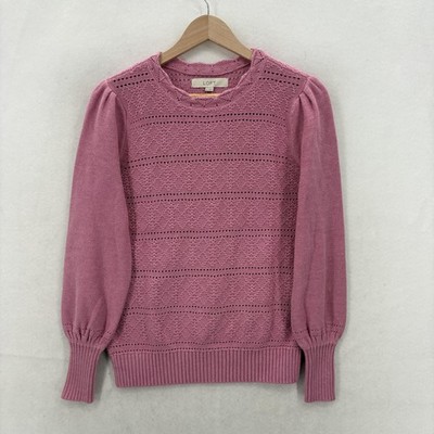 LOFT Sweater Womens Medium Pink Cotton Eyelet Puff Sleeve Knit Crew Preppy NWT