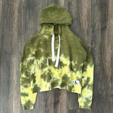 Calvin Klein Tie Dye Green Sweatshirt Long Sleeve Hoodie Small Oversize Crop Fit