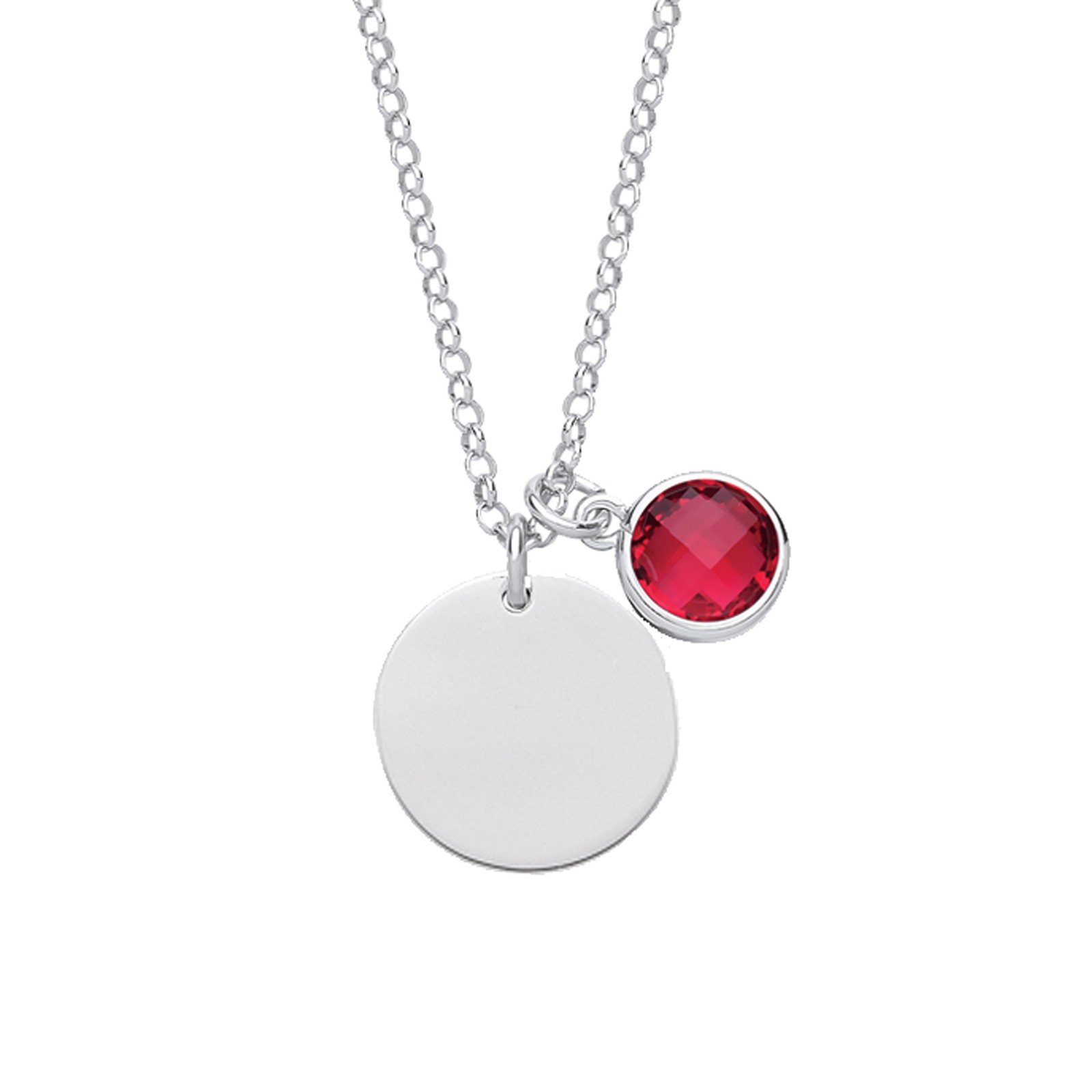 Silver Jewelco London Red CZ Birthstone Round Tag Necklace 16