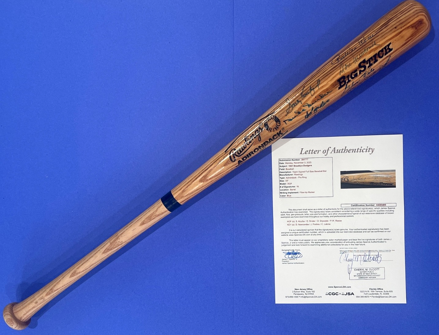 Sandy Koufax Autographed Signed Brooklyn Dodgers 1957 Team 33" Pro Bat 16 Autos JSA COA 