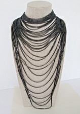 Waterfall Choker Bib Necklace Black Rhinestone Multi Layered 26" Victorian Goth