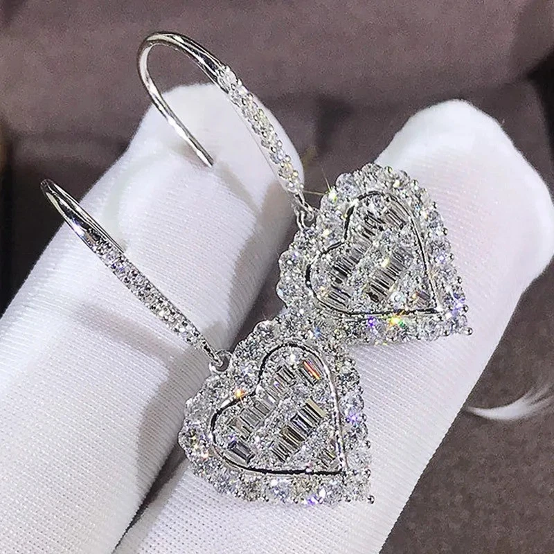 2 Ct Heart Shape Lab Created Diamond 14K White Gold Over Bridal Dangle Earrings - Image 2 of 4
