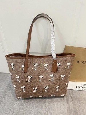 COACH Classic Cartoon Print PEANUTS Snoopy Tote Bag Leather Shoulder Bag