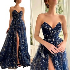 Custom Women's Sparkle Starry Tulle Prom Dresses Slit Formal Evening Party Gowns