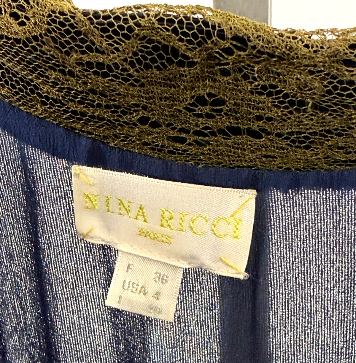 Vintage NINA RICCI Black Silk Chiffon Silk Dress - Brown Navy Trim - Size 36/4